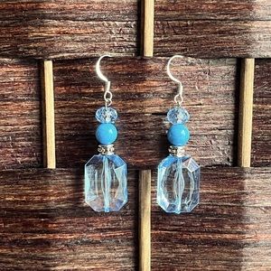 Blue Crystal, Bead and Gem Pendant Earrings